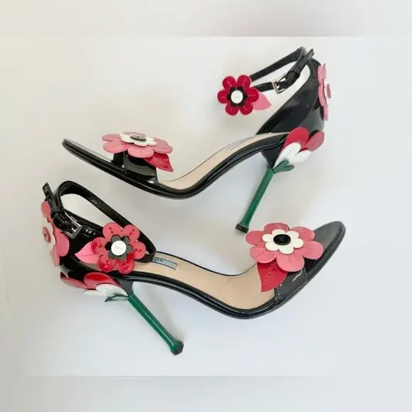 Prada Black red pink leather Runway Daisy floral high heel sandals EU 39 - Picture 10 of 11